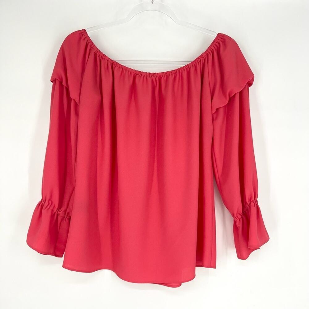 Nicole Miller Artelier Ruffle Sleeve Off the Shoulder‎ Blouse Coral M - Picture 6 of 10